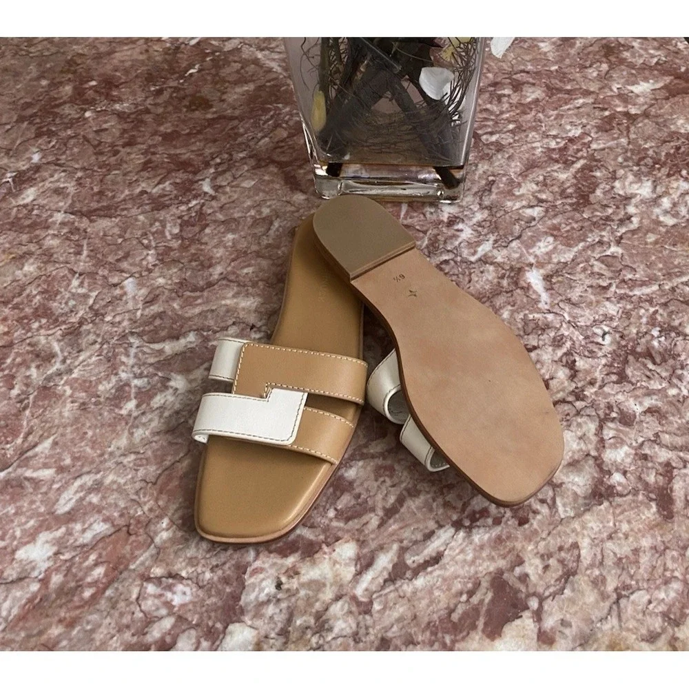 New‎ Tuckernuck Muse Cognac White Leather Slide Flat Sandals Size 6.5, $165